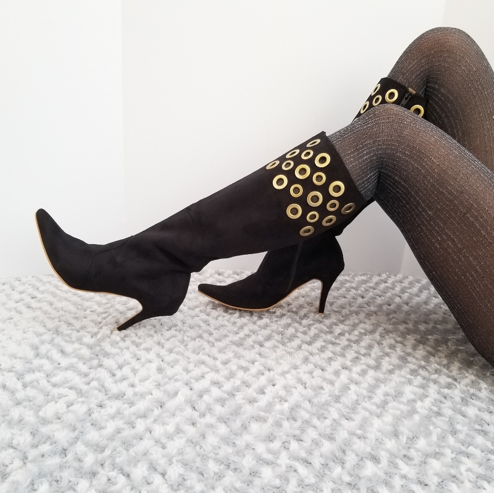 Vegan suede black boots with gold-ring hardware.